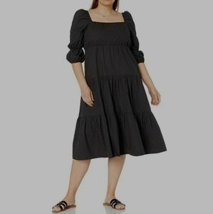 The Drop Tiered Black Midi Dress 3/4 Puff Sleeves